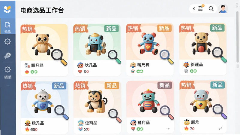 电商选品工作台界面,显示多个玩具产品卡片,每个卡片上有“热销”、“新品”标签,旁边配有放大镜图标,象征精准筛选,整体布局整齐,色彩鲜艳,体现高效选品体验,扁平化设计,现代感强