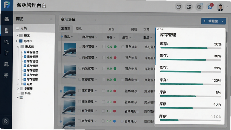 海豚开单App的商品管理后台界面,主体为商品列表与编辑表单,布局左右分栏,左侧为分类树状图,右侧为属性编辑区,风格商务专业,细节显示库存进度条,画质精细,干净利落,文字'库存管理'清晰