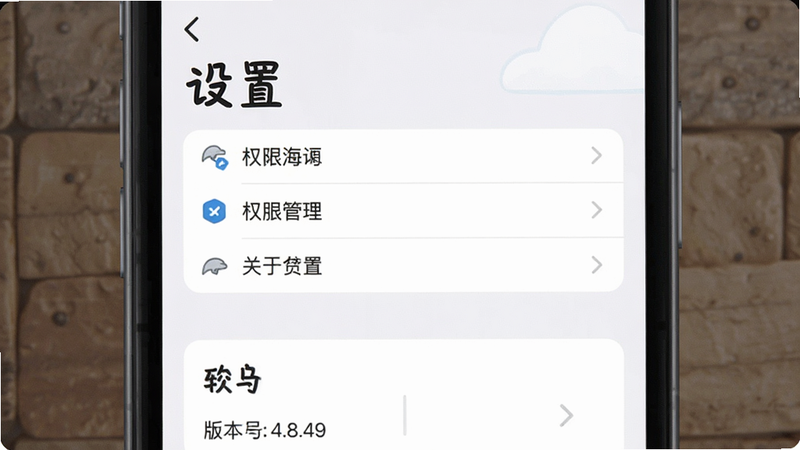 海豚开单App的设置界面,主体为权限管理列表与关于页面,布局垂直排列,风格简洁,细节显示版本号4.8.49,画质清晰,无多余元素,文字'设置'醒目