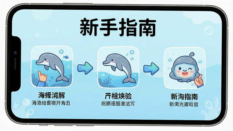 海豚开单App的新手引导界面,主体为分步操作图示与说明文字,布局横向流程图,风格友好,细节显示箭头指引,画质清晰,无多余元素,文字'新手指南'醒目