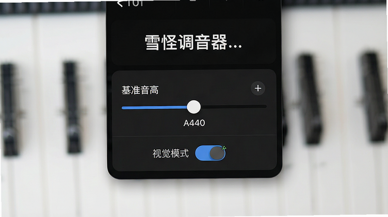 雪怪调音器设置页面,显示“基准音高”滑块,当前值为A440,下方有“视觉模式”开关,界面简洁,深色模式背景,文字清晰,高清UI设计