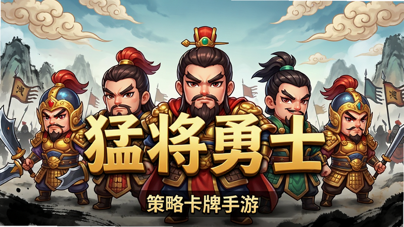 一张高清的游戏主视觉海报,主体是五位身穿铠甲的Q版三国武将站成一排,背景是水墨风格的战场,天空有祥云,中央有大号金色立体文字“猛将勇士”,底部有“策略卡牌手游”小字,整体风格为国风二次元,色彩鲜艳,构图居中,4k高清,无多余元素