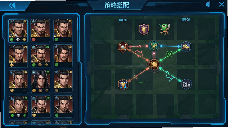 游戏内的阵容编辑界面截图,左侧是武将卡片列表,右侧是战场站位网格,中间显示羁绊连线效果,界面UI简洁清晰,蓝色科技风边框,显示“策略搭配”字样,高清,扁平化设计,无水印