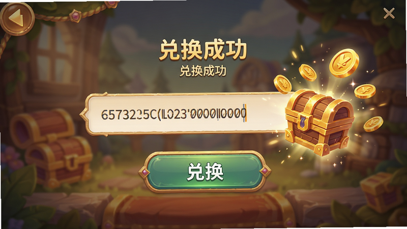 游戏内兑换码输入界面,输入框中显示一串字母数字组合,下方有“兑换”按钮,旁边飘出金币和宝箱特效,界面温馨,提示“兑换成功”,高清,UI设计精致