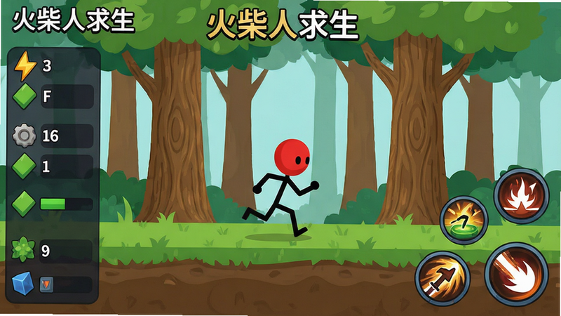 主体为游戏界面全景,布局包含左侧资源栏、中央火柴人角色在森林中奔跑、右侧技能按钮,排版清晰整洁,风格为扁平化卡通插画,细节展现树木纹理与角色动态,文字标注
