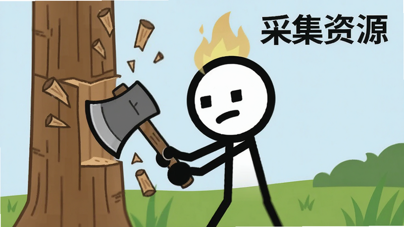 主体为火柴人角色特写,布局居中,角色手持斧头正在砍树,背景为淡蓝色天空与绿色草地,排版对称,风格为矢量插画,细节表现木材飞溅效果,文字标注