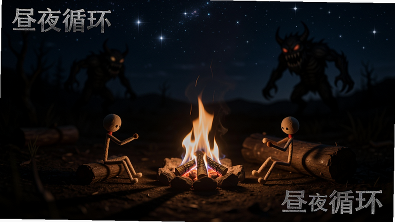 主体为夜晚场景,布局中火柴人在篝火旁休息,周围有阴影和星空,远处有模糊的怪物轮廓,排版营造紧张氛围,风格为暗色调写实,细节表现火焰跳动与星空闪烁,文字标注