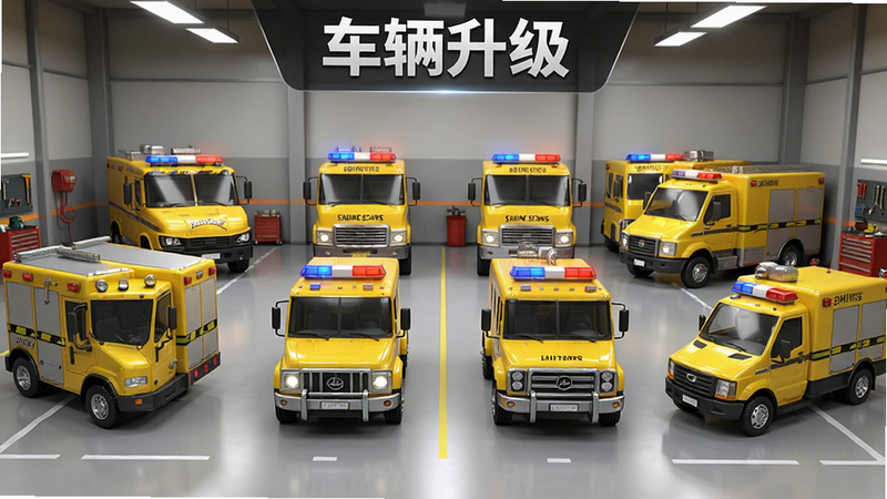 生成一张游戏车库界面图,展示多辆不同型号的黄色救援车,主体为车辆展示,布局对称,排版美观,风格为3D渲染,细节处有金属质感,画质精细,干净,无多余元素,文字内容包含