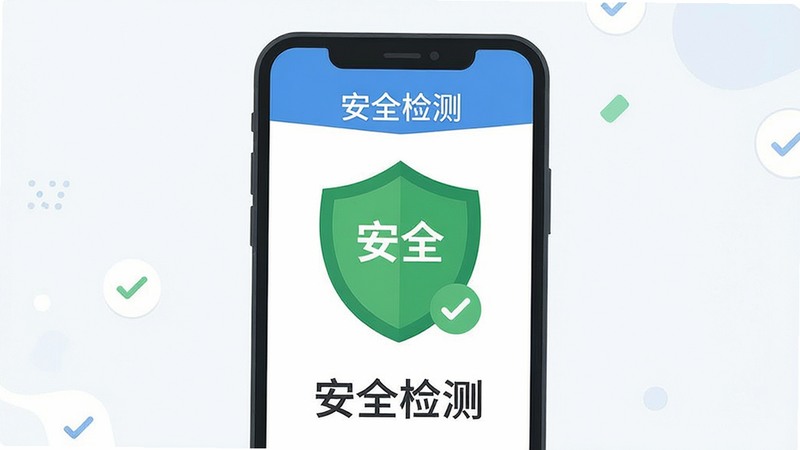 生成一张手机安全检测界面的示意图,显示绿色盾牌和