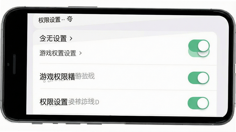 生成一张手机设置界面的示意图,展示游戏权限设置页面,主体为设置选项列表,布局垂直排列,排版清晰,风格为扁平化UI,细节处有开关按钮,画质清晰,干净,无多余元素,文字内容包含