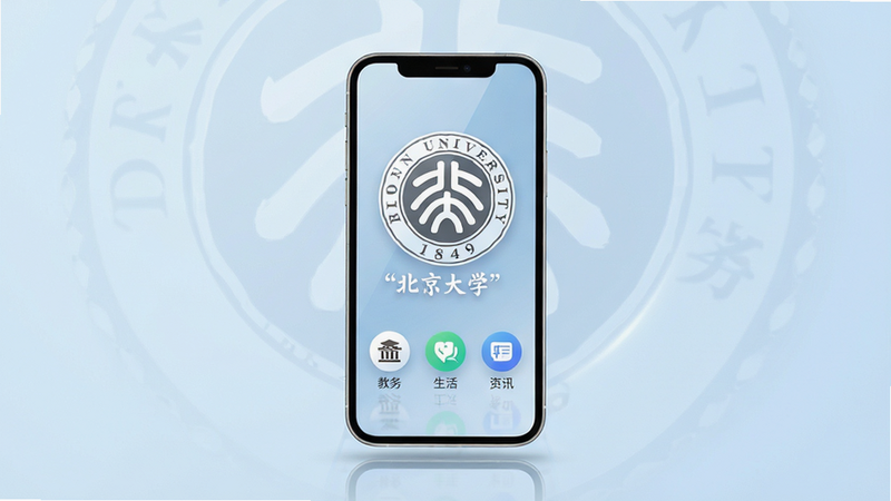主体为北京大学APP的全景展示图,布局采用中心对称式排版,背景为淡雅的浅蓝色渐变,象征智慧与宁静。画面中央是一个悬浮的智能手机屏幕,屏幕上清晰显示着“北京大学”四个白色大字Logo,下方排列着教务、生活、资讯三个圆形功能图标。风格为现代极简主义,细节处呈现柔和的光影反射,画质高清4K,干净无多余元素,文字加引号“北京大学”。