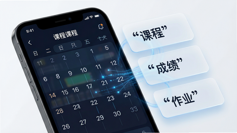 主体为教务功能界面特写,布局左侧为手机屏幕展示课程表日历视图,右侧悬浮三个半透明卡片分别显示“课程”、“成绩”、“作业”字样。风格为科技感扁平化设计,细节处有微弱的蓝色光晕衬托数据流动感,画质锐利,干净背景,文字加引号“课程”、“成绩”、“作业”。