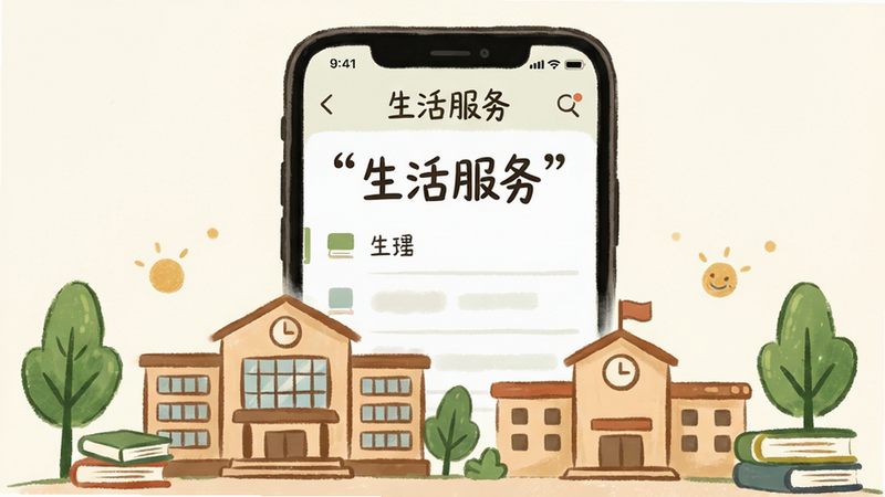 主体为校园生活场景插画,布局上方为手机界面显示“生活服务”菜单,下方为简化的校园建筑剪影,包括图书馆和食堂。风格为清新手绘风,细节处点缀绿色植物与书本元素,营造温馨氛围,画质细腻,干净背景,文字加引号“生活服务”。