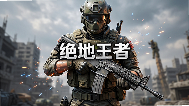 主体为《绝地王者》游戏主界面全景,布局采用中心对称式,排版清晰,风格为写实军事科幻风,细节展示角色持枪特写与动态粒子特效,画质4k高清,干净,无多余元素,文字