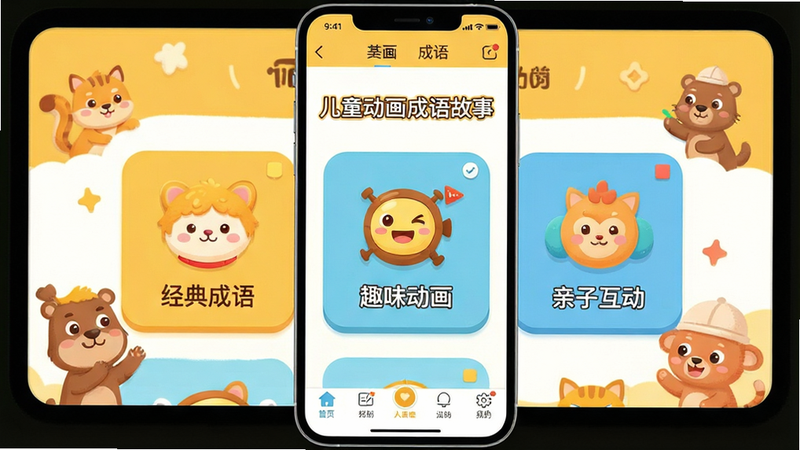 主体为《儿童动画成语故事》安卓APP界面全屏展示,布局清晰,顶部导航栏简洁,中间区域为“经典成语”、“趣味动画”、“亲子互动”三个大图标卡片,底部为标签栏。风格为扁平化卡通风格,色彩明亮温馨,以暖黄色和天蓝色为主色调。细节处包含可爱的卡通动物形象点缀,画质高清,干净无多余元素,文字