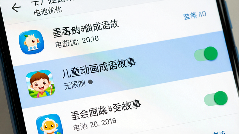 主体为手机设置界面特写,显示“电池优化”设置页,其中《儿童动画成语故事》应用被标记为“无限制”状态。布局为典型的安卓设置UI,列表形式,高亮显示当前选中项。风格为扁平化设计,背景为白色,文字为深灰色。细节包括应用图标的清晰显示和开关按钮的绿色激活状态,画质清晰,干净,无多余元素,文字