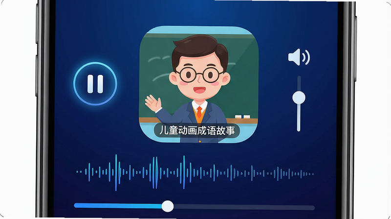 主体为手机屏幕特写,显示播放界面,下方有波形图动态展示音频播放状态,屏幕中央是一个戴眼镜的卡通老师形象正在讲解。布局为竖屏UI设计,左侧为暂停按钮,右侧为音量调节,底部为进度条。风格为现代简约科技风与卡通结合,背景为深蓝色渐变,突出屏幕内容。细节包括播放图标的高亮效果和字幕的清晰字体,画质清晰,干净,无多余元素,文字