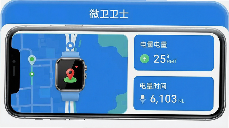 一张高清手机应用界面截图,主体为微卫士APP首页,左侧显示儿童手表实时位置地图,右侧显示电量与时间信息,界面风格清新简约,蓝色为主色调,文字清晰可见“微卫士”,布局整洁,无多余装饰,8K画质,干净背景