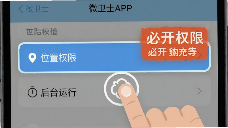 微卫士APP权限设置界面教程图,高亮显示“位置权限”和“后台运行”选项,手指点击示意图标,背景为手机设置界面,文字标注“必开权限”,步骤清晰,扁平化风格,高清,无干扰元素