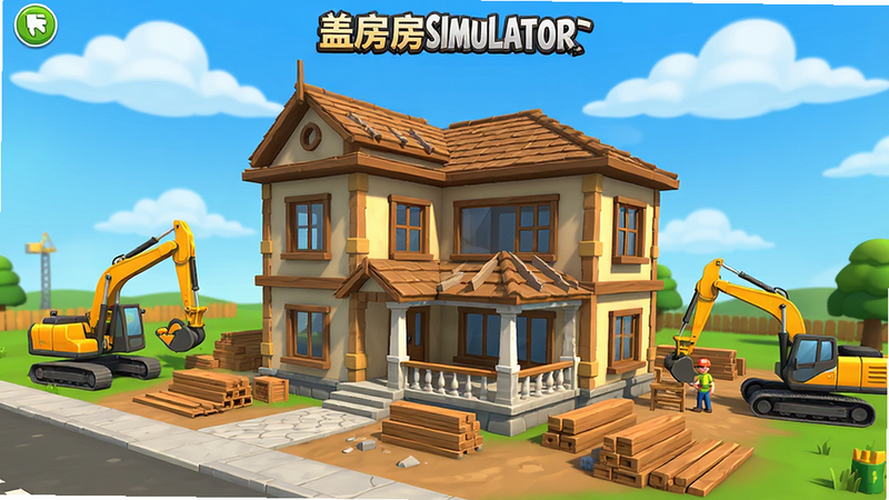 一张展示《盖房模拟器》游戏主界面的高清图片,画面中央是一座正在建设中的精美多层别墅,周围环绕着施工机械和材料堆,背景是明亮的蓝天白云,整体风格清新卡通,色彩鲜艳,画质清晰,无多余文字或杂乱元素,突出游戏的建造氛围