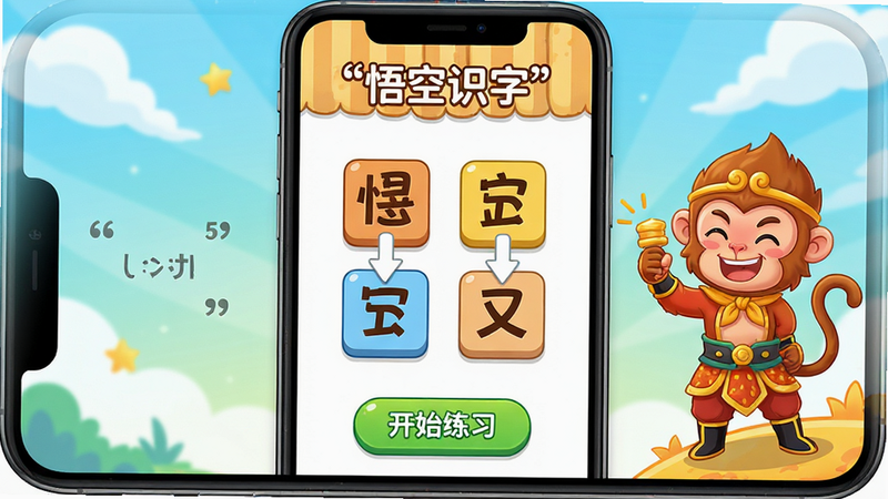 主体为手机屏幕,展示《悟空识字》的互动练习界面,画面中有几个汉字方块供拖拽,下方有“开始练习”按钮,孙悟空形象在角落加油,背景明亮活泼,布局中心对称,排版清晰,风格为现代卡通UI,细节生动,高清画质,干净,无多余元素,文字“互动练习”加引号