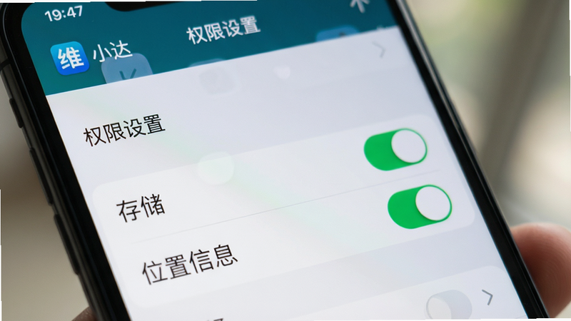 一张展示手机设置界面的特写图,屏幕显示“维小达”应用的权限管理页面,重点高亮显示“存储”和“位置信息”权限开关为开启状态,背景模糊处理,风格为真实摄影风,光线柔和,细节清晰,文字标签“权限设置”,画质高清,无反光,干净,无多余元素