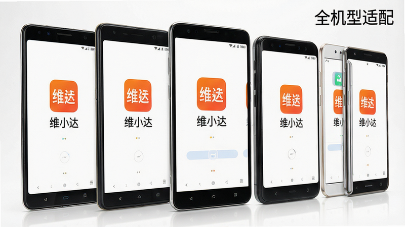 一张展示多款不同品牌安卓手机并排摆放的产品图,手机屏幕上均显示“维小达”APP的启动界面,背景为简洁的白色摄影棚风格,布局整齐,光影效果自然,细节处可见手机边框质感,文字标签“全机型适配”,画质清晰,无瑕疵,干净,无多余元素