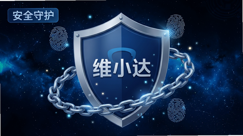 一张展示“维小达”隐私安全保护概念的插画,主体为一个坚固的数字盾牌,盾牌中心印有“维小达”Logo,盾牌周围环绕着锁链和指纹图案,象征数据安全,风格为写实与抽象结合,色调以深蓝和银色为主,布局居中,背景为深邃的科技星空,细节处有光粒子特效,文字标签“安全守护”,画质细腻,无噪点,干净,无多余元素