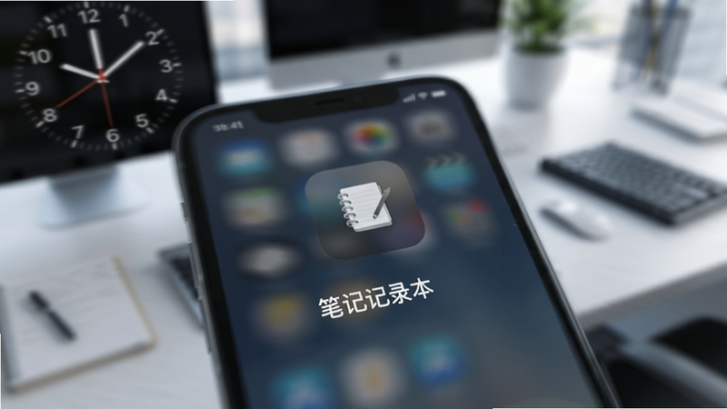 手机屏幕特写,显示“笔记记录本”应用图标正在快速加载,背景为模糊的办公桌面,主体突出速度感,布局居中,排版简洁,风格为科技感商务风,细节包括时钟显示快速流逝的秒针,画质清晰,无杂乱背景