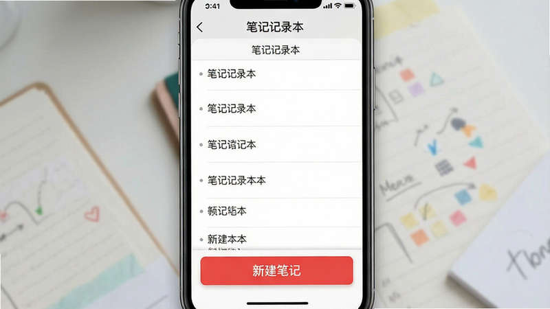 一张高质量手机应用截图展示,主体为“笔记记录本”App界面,布局清晰,顶部显示“笔记记录本”标题,中间为简洁的笔记列表,底部有醒目的红色“新建笔记”按钮,风格为扁平化极简设计,细节处体现柔和的阴影效果,画质高清,干净无多余元素