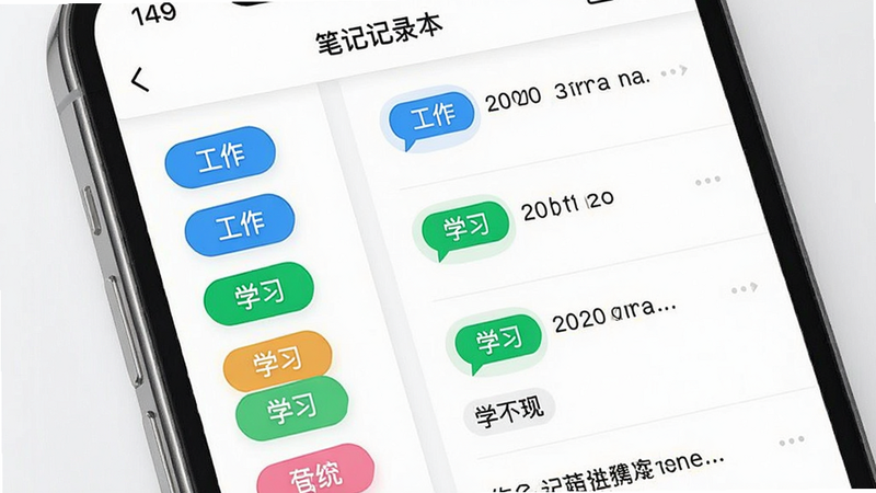 手机界面展示“笔记记录本”的标签分类页面,左侧为彩色标签栏,右侧为对应的笔记列表,布局左右分栏,排版整齐,风格为现代UI设计,细节显示不同颜色的标签徽章,如蓝色“工作”、绿色“学习”,画质细腻,界面整洁