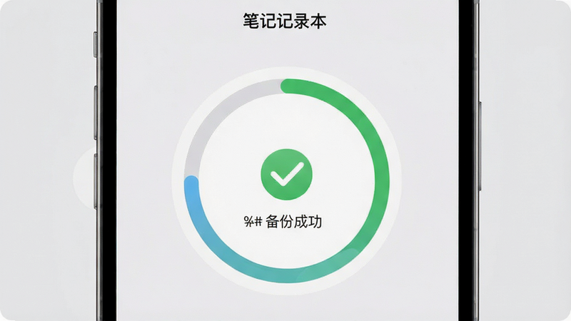 手机界面显示“笔记记录本”的数据备份进度条,主体为圆形进度环,布局居中,风格为清新简约,细节显示“备份成功”字样及绿色对勾,背景为浅灰色,画质高清,传递安全感