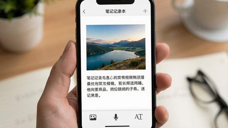 手机屏幕显示“笔记记录本”编辑界面,正文中包含一张风景图片和一段文字,底部工具栏显示图片、语音、字体设置图标,布局上下结构,排版宽松,风格为温馨实用主义,细节体现图片与文字的和谐共存,画质高,色彩还原准确