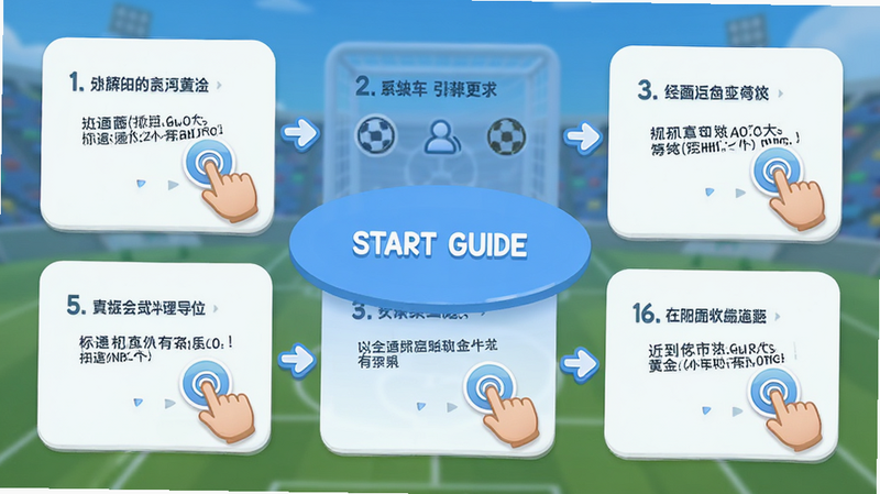 主体为足球大师黄金一代新手引导界面,布局为分步骤教程卡片,排版简洁明了,风格为清新卡通风,细节包含手指点击图标与箭头指引,画质清晰,干净,无多余元素,文字标注