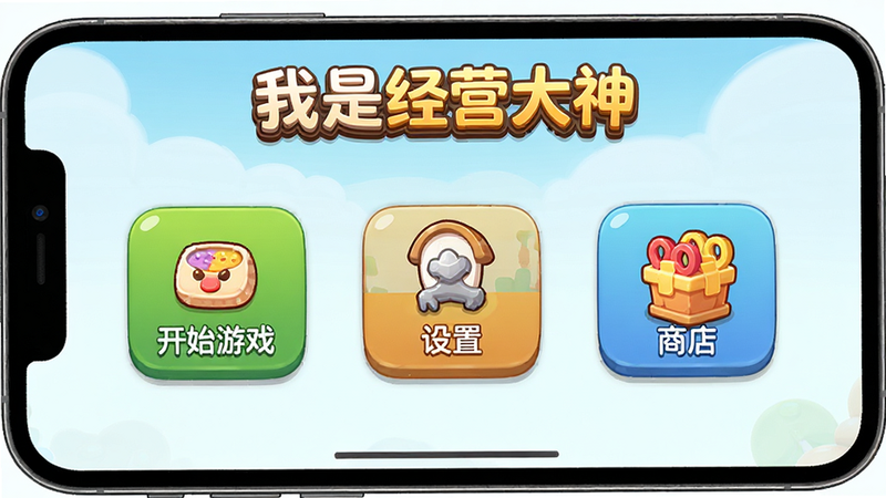 主体为手机屏幕界面,展示《我是经营大神》游戏主菜单,布局清晰,包含开始游戏、设置、商店等按钮,排版整齐,风格为清新卡通风,细节丰富,画质高清,干净,无多余元素,文字为