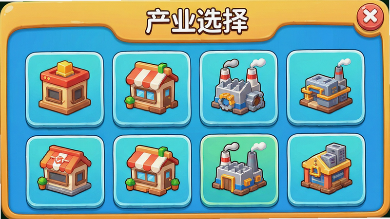 主体为游戏内产业选择界面,展示餐厅、商店、工厂等图标,布局网格状,风格明亮活泼,细节清晰,画质精致,干净,无多余元素,文字为