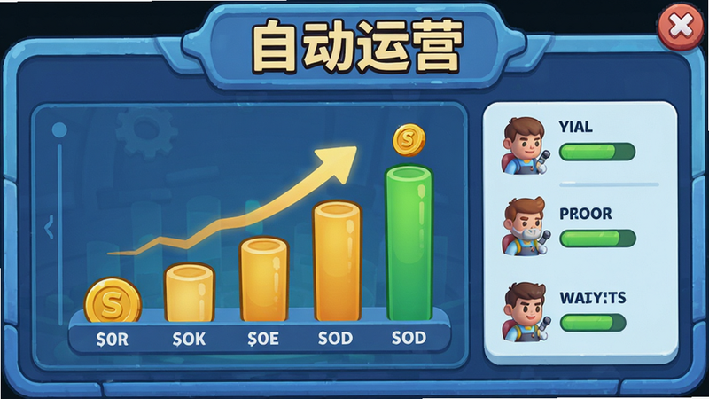 主体为游戏内自动运营面板,显示金币增长动画与员工工作状态,布局紧凑,风格科技感与卡通结合,细节生动,画质清晰,干净,无多余元素,文字为