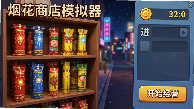 主体为《烟花商店模拟器》游戏主界面,布局呈现左右分栏结构,左侧为货架陈列区,摆放着红蓝黄各色烟花筒,右侧为控制面板,显示金币数量与进货按钮,背景是夜晚街道与霓虹灯光,风格为卡通写实结合,细节丰富,烟花包装精美,画质高清,干净,无多余元素,文字包含