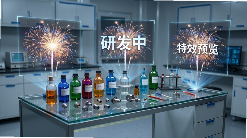 主体为烟花研发实验室场景,布局中心是一个透明玻璃实验台,上面放置着各种化学试剂瓶和烟花零件,周围环绕着全息投影的烟花爆炸效果图,风格科技感与奇幻感结合,细节显示试剂颜色鲜艳,投影清晰,画质细腻,干净,无多余元素,文字包含