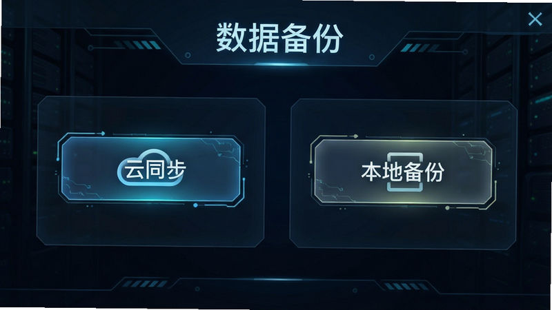 Boogu-Image 生成一张游戏数据备份界面的示意图,显示“云同步”、“本地备份”按钮,布局对称,排版清晰,风格为科技感,细节精致,高清,干净,无多余元素,文字'数据备份'