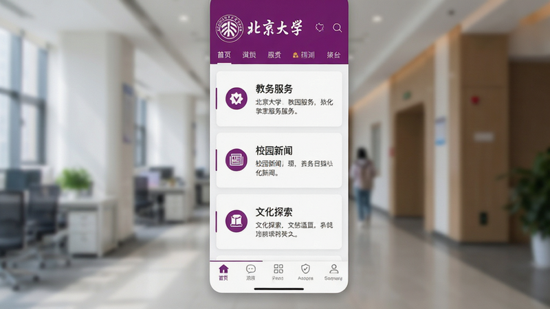 主体为北京大学官方APP界面全景展示,布局采用扁平化设计,顶部显示“北京大学”Logo及导航栏,中间区域划分为“教务服务”、“校园新闻”、“文化探索”三个核心模块,每个模块配有简洁图标和文字标签,底部为Tab切换栏,风格为现代简约科技风,细节处体现清华紫与白色主色调,画质高清,干净,无多余元素,文字清晰可见,包含“北京大学”字样