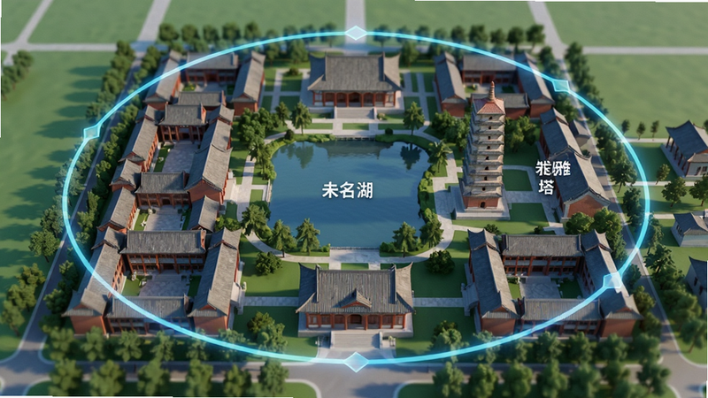 主体为3D渲染的北京大学校园地图,布局为俯视视角,突出未名湖、博雅塔等地标建筑,周围环绕着AR导航路径线,风格为写实与科技结合,细节展示建筑纹理及动态光影效果,画质逼真,干净,无多余元素,文字标注“未名湖”、“博雅塔”