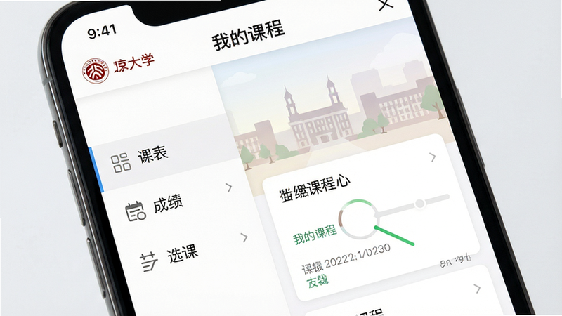 主体为手机屏幕特写,显示北京大学APP内的“教务中心”页面,布局清晰,左侧为功能菜单(课表、成绩、选课),右侧为当前课程卡片,背景为淡雅的校园剪影,风格为极简主义,细节展示数据加载状态及时间戳,画质细腻,干净,无多余元素,文字包含“我的课程”、“北京大学”
