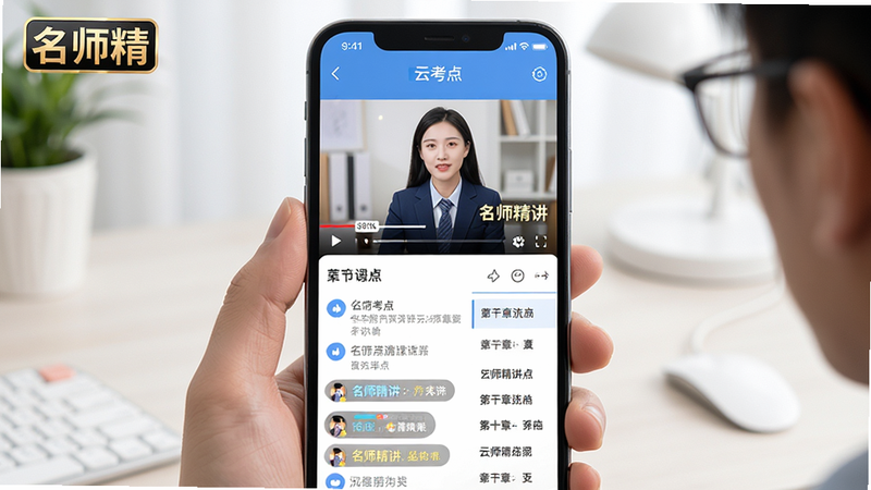 主体为手机竖屏播放云考点视频课程界面,布局上方为视频播放区,下方为评论区与章节列表,排版流畅自然,风格为沉浸式娱乐化学习,细节处显示高清画质标识与弹幕互动效果,画质超清流畅,干净明亮,文字显示为
