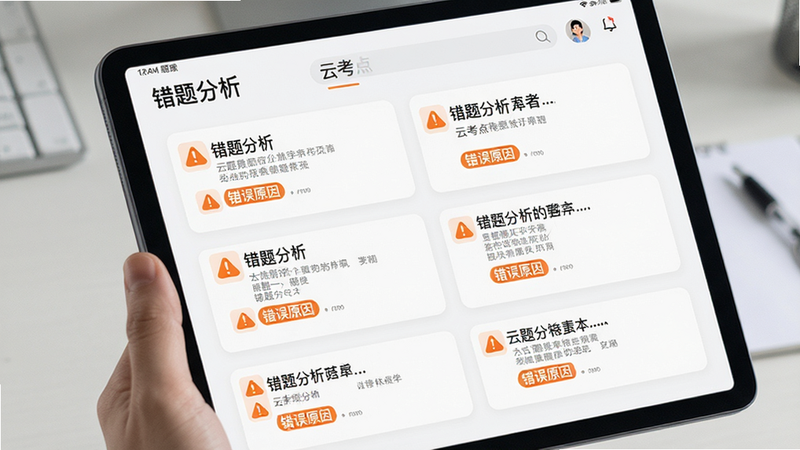 主体为平板电脑屏幕展示云考点错题本功能,布局采用卡片式列表设计,每张卡片包含题目摘要与错误原因标签,排版层次分明,风格为极简主义,细节处使用橙色警示图标标识难点,画质细腻清晰,干净无干扰,文字显示为