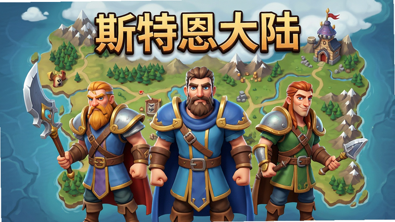 主体为斯特恩大陆游戏主界面,布局居中展示三位核心英雄角色,背景为奇幻大陆地图,排版清晰,风格为3D卡通渲染,细节丰富,画质高清,干净无多余元素,文字“斯特恩大陆”醒目显示在顶部