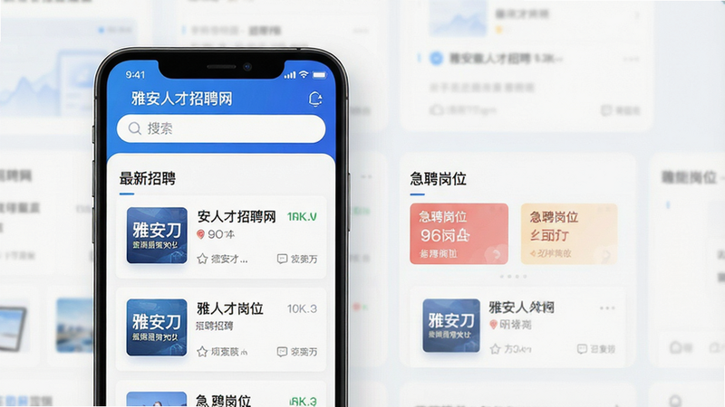 一张高清现代感UI设计图,主体为手机屏幕界面,显示“雅安人才招聘网”APP首页,布局清晰,顶部有搜索栏,中部展示“最新招聘”、“急聘岗位”等板块,排版整齐,风格简约商务,细节处有蓝色主色调点缀,文字清晰可读,画质8k,干净无多余元素