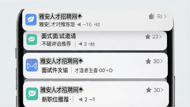 一张手机通知栏示意图,显示多条来自“雅安人才招聘网”的通知,包括“新职位推荐”和“面试邀请”,布局紧凑有序,背景为纯净浅灰色,文字清晰,风格现代简约,细节体现即时性,画质高,无干扰元素