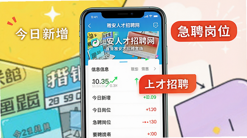 一张手机APP首页截图,突出显示“今日新增”和“急聘岗位”标签,布局醒目,色彩鲜明,主体为雅安人才招聘网界面,风格活泼,细节展现信息更新速度,画质高,无多余干扰