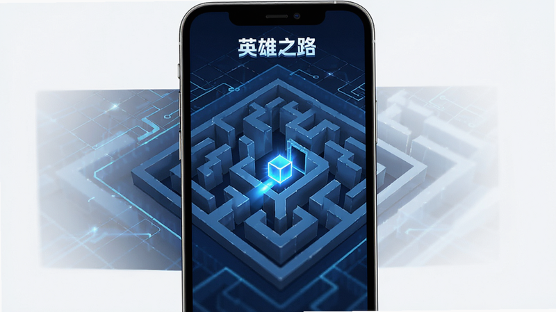手机屏幕上显示着名为“英雄之路”的游戏界面,画面中央是一个复杂的几何迷宫,主角是一个发光的蓝色小方块正在寻找出口,背景是深蓝色的科技感网格,风格简约现代,高清渲染,干净无杂讯